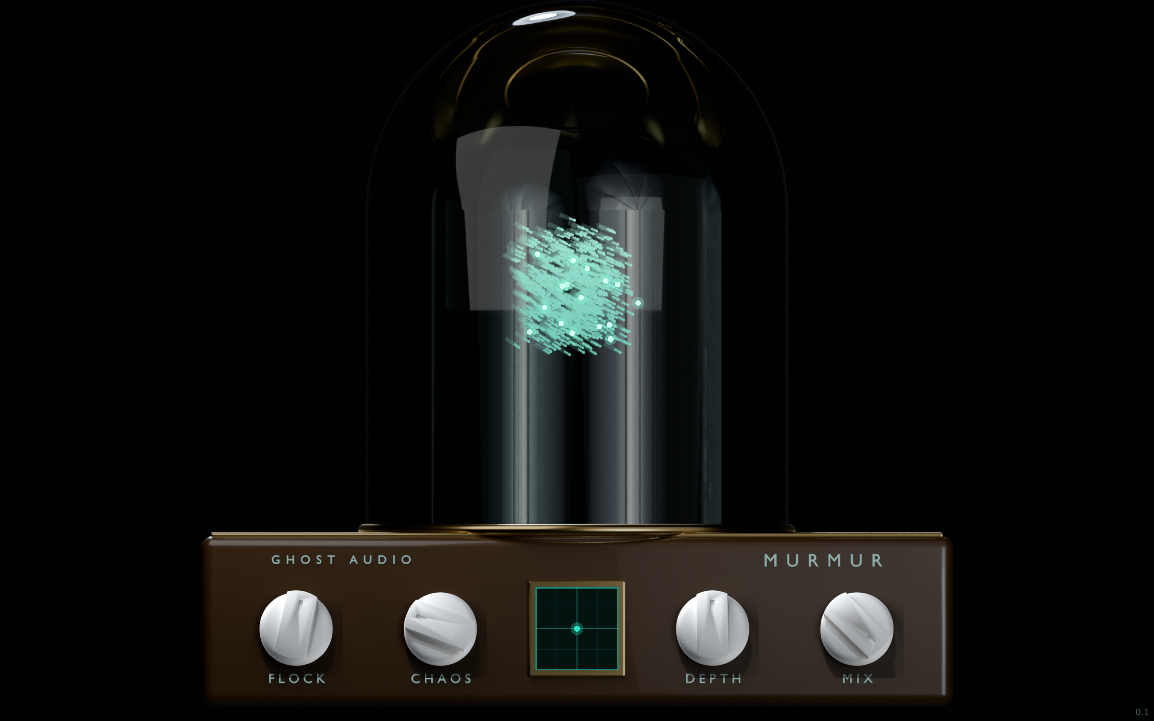 Murmur plugin window — bell-jar flock visualizer with FLOCK, CHAOS, DEPTH and MIX controls